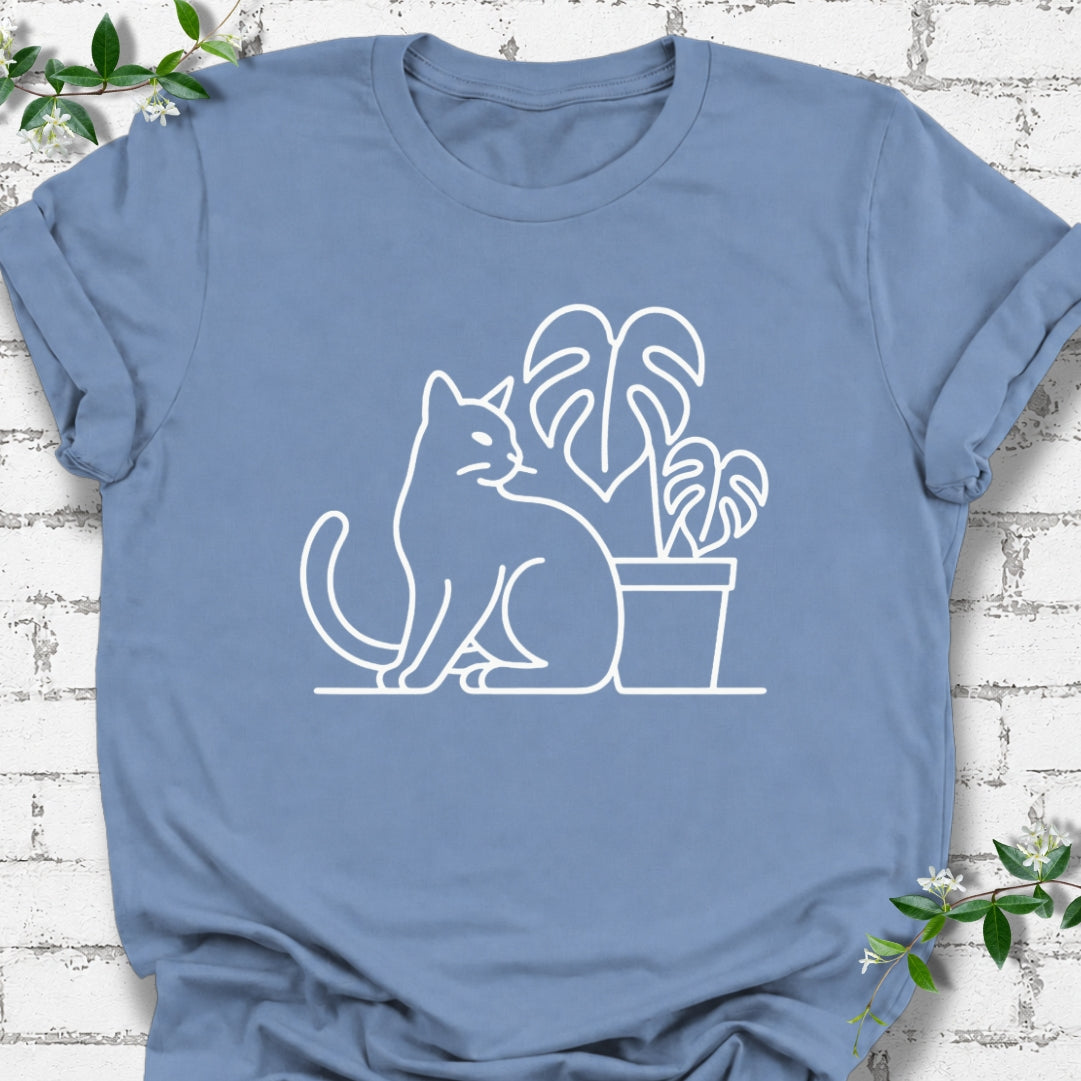 Cat And Monstera Line Art Lightweight Tee
