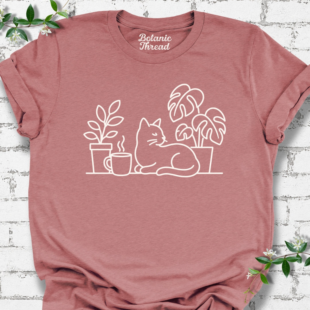 Cat, Plant And Coffee Line Art Lightweight Tee