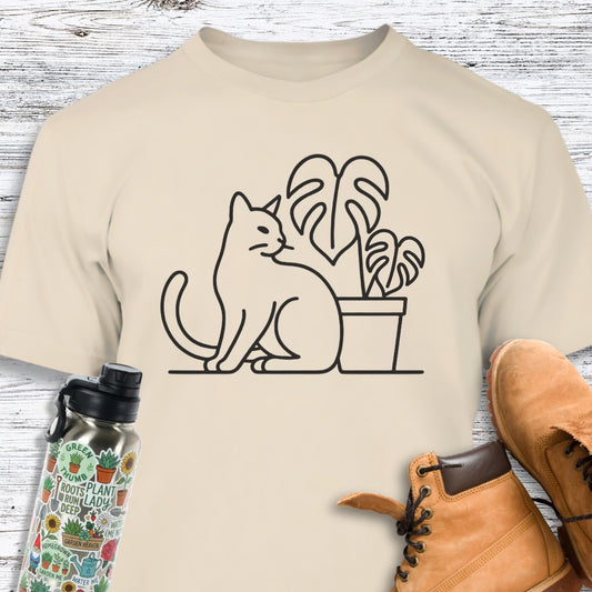 Cat And Monstera Line Art T-Shirt