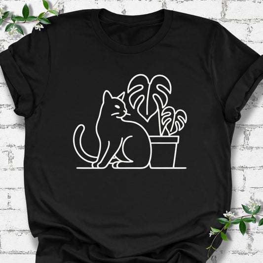 Cat And Monstera Line Art Lightweight Tee