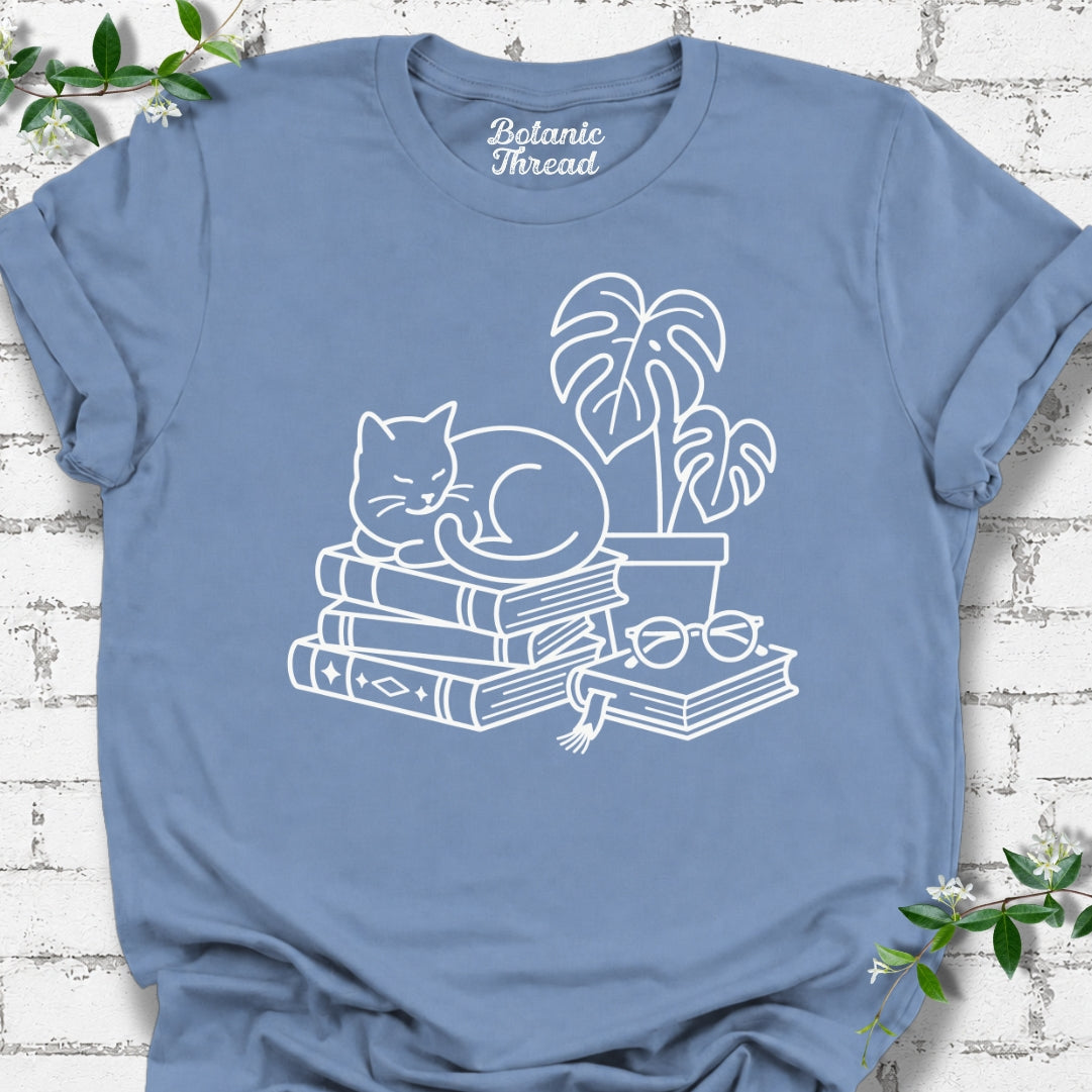 Cat, Books & Monstera Line Art Lightweight Tee