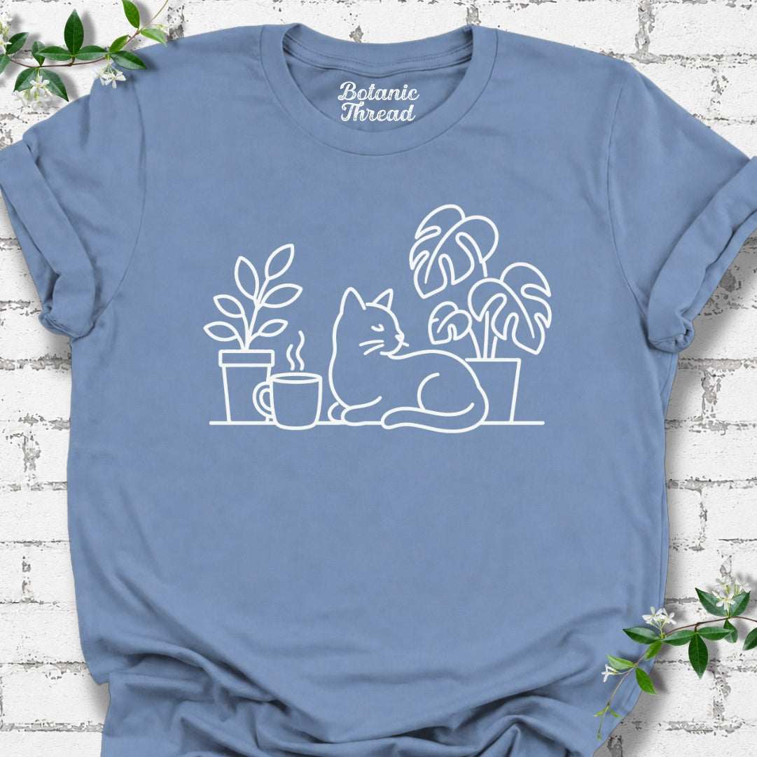Cat, Plant And Coffee Line Art Lightweight Tee