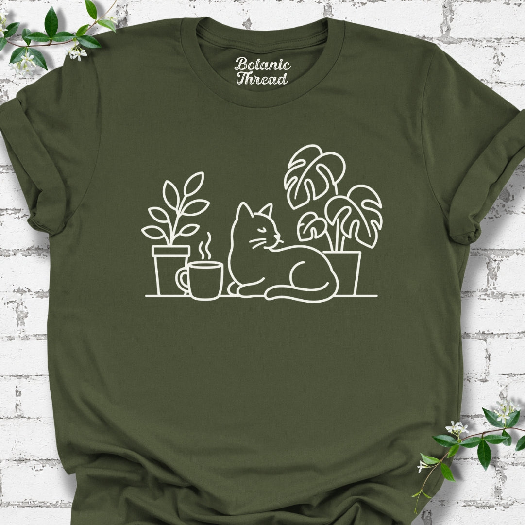 Cat, Plant And Coffee Line Art Lightweight Tee