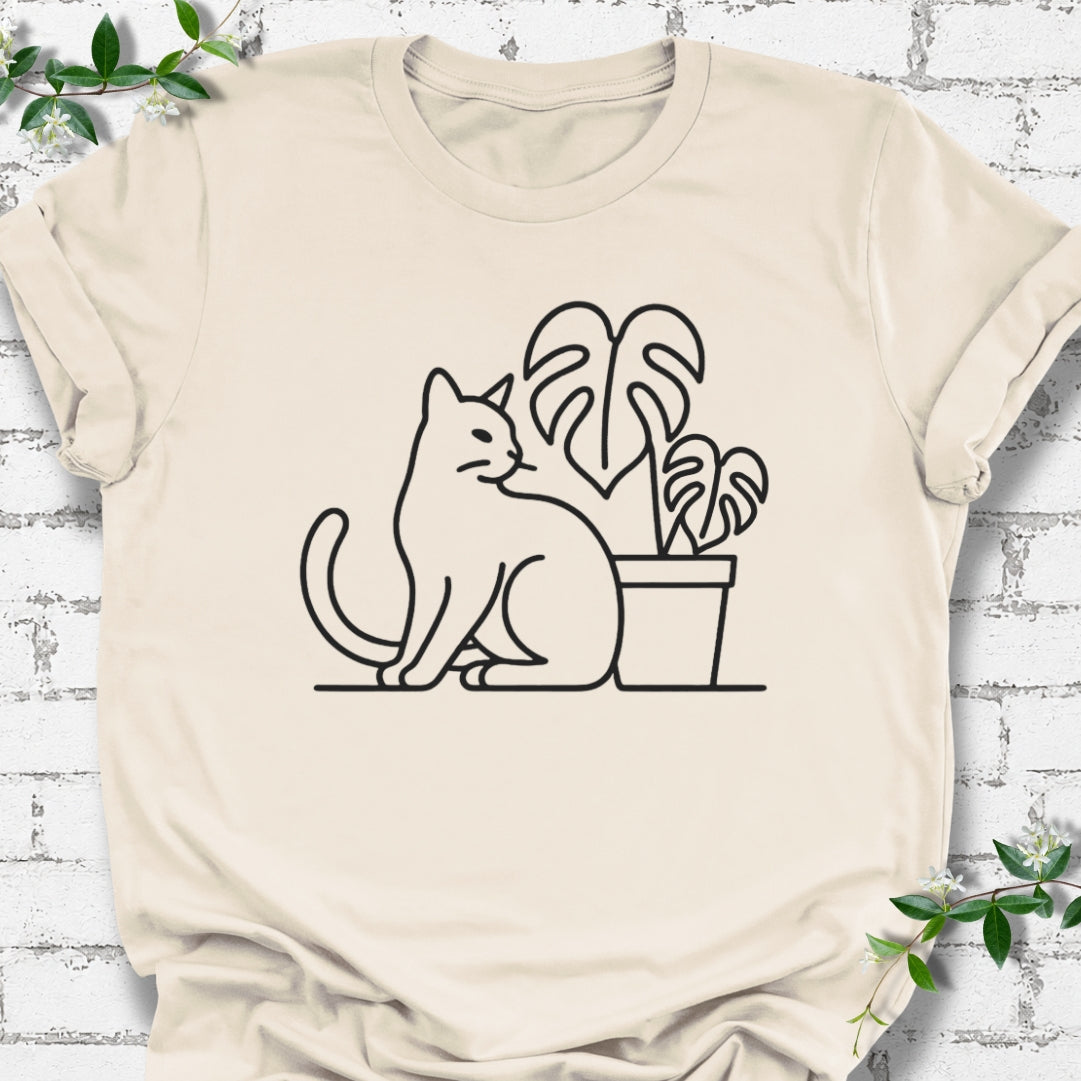 Cat And Monstera Line Art Lightweight Tee
