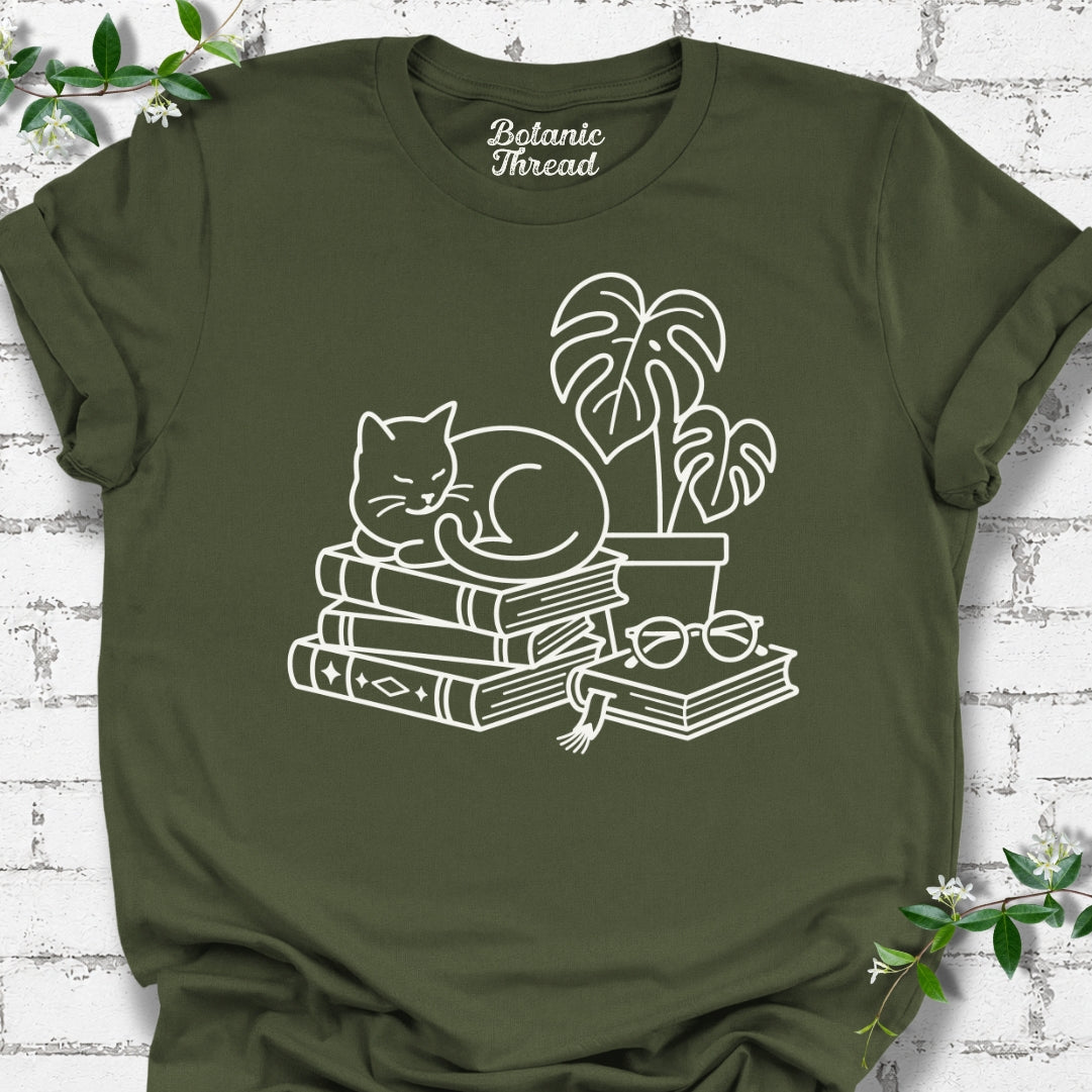 Cat, Books & Monstera Line Art Lightweight Tee