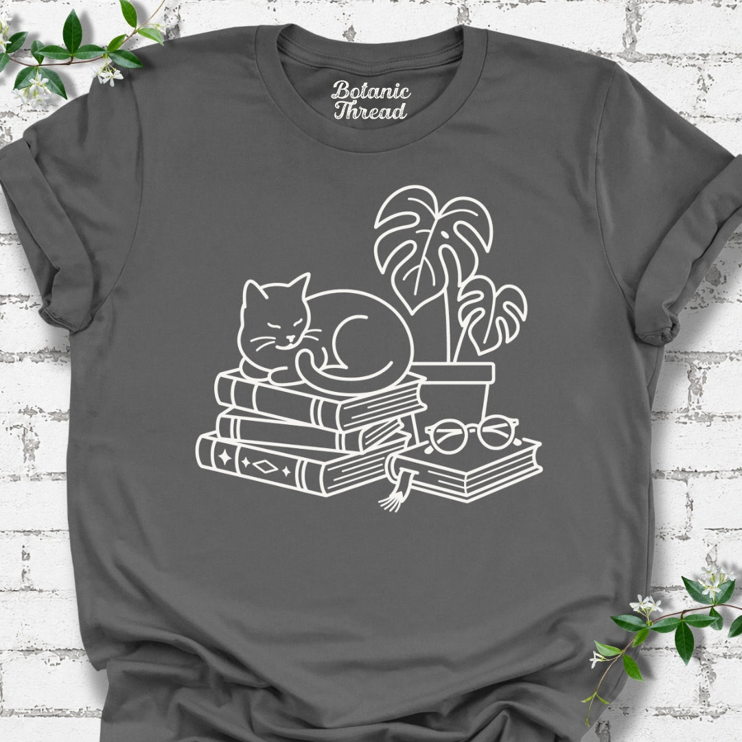 Cat, Books & Monstera Line Art Lightweight Tee