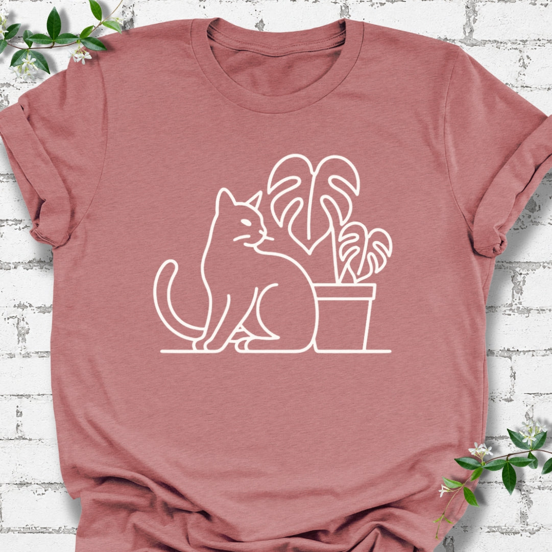Cat And Monstera Line Art Lightweight Tee