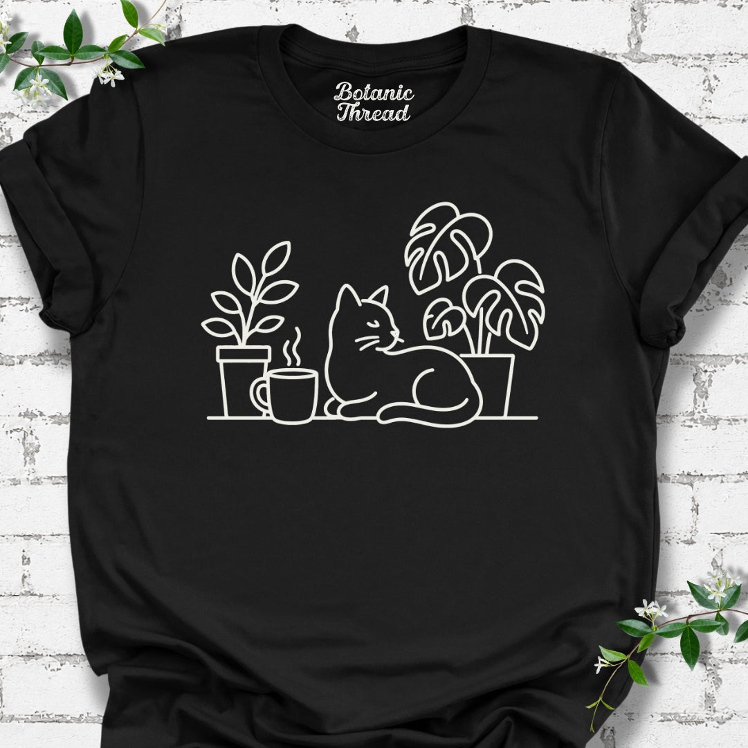 Cat, Plant And Coffee Line Art Lightweight Tee