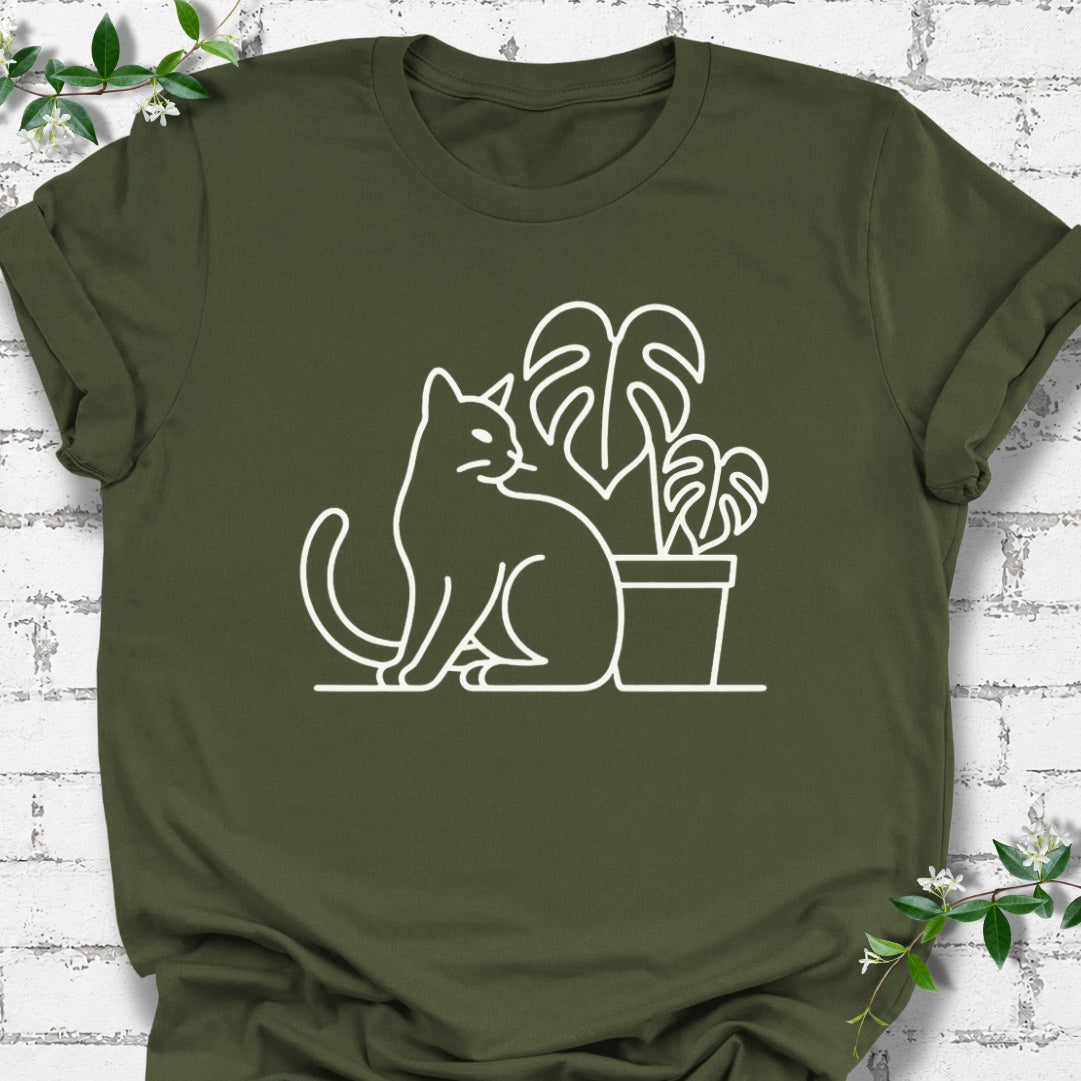 Cat And Monstera Line Art Lightweight Tee