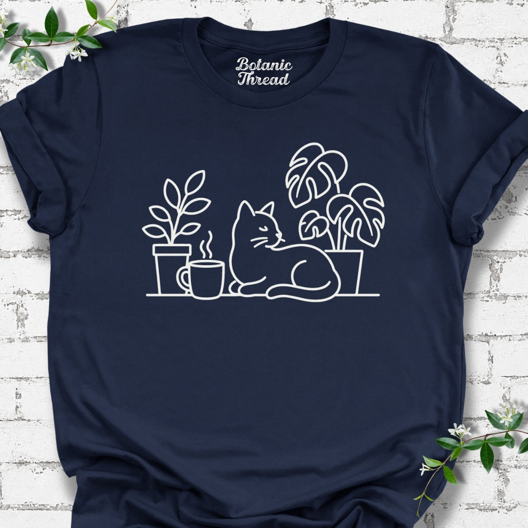 Cat, Plant And Coffee Line Art Lightweight Tee