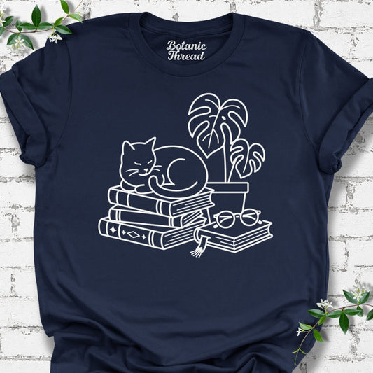 Cat, Books & Monstera Line Art Lightweight Tee